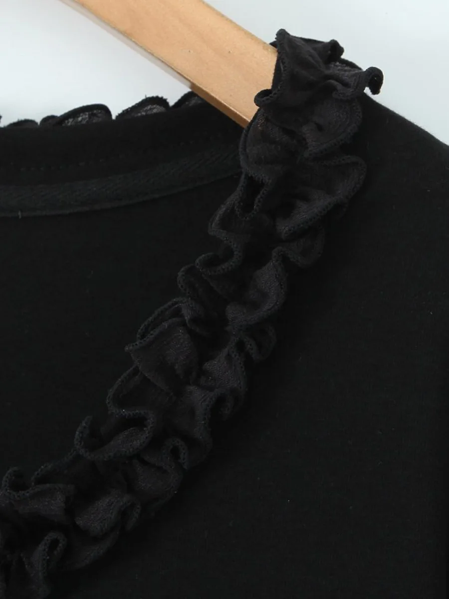 Plus Size Women Black Calf Length Dress With Premium Lyocell Hem Patchwork Cotton Loose Lace Round Neck For Summer