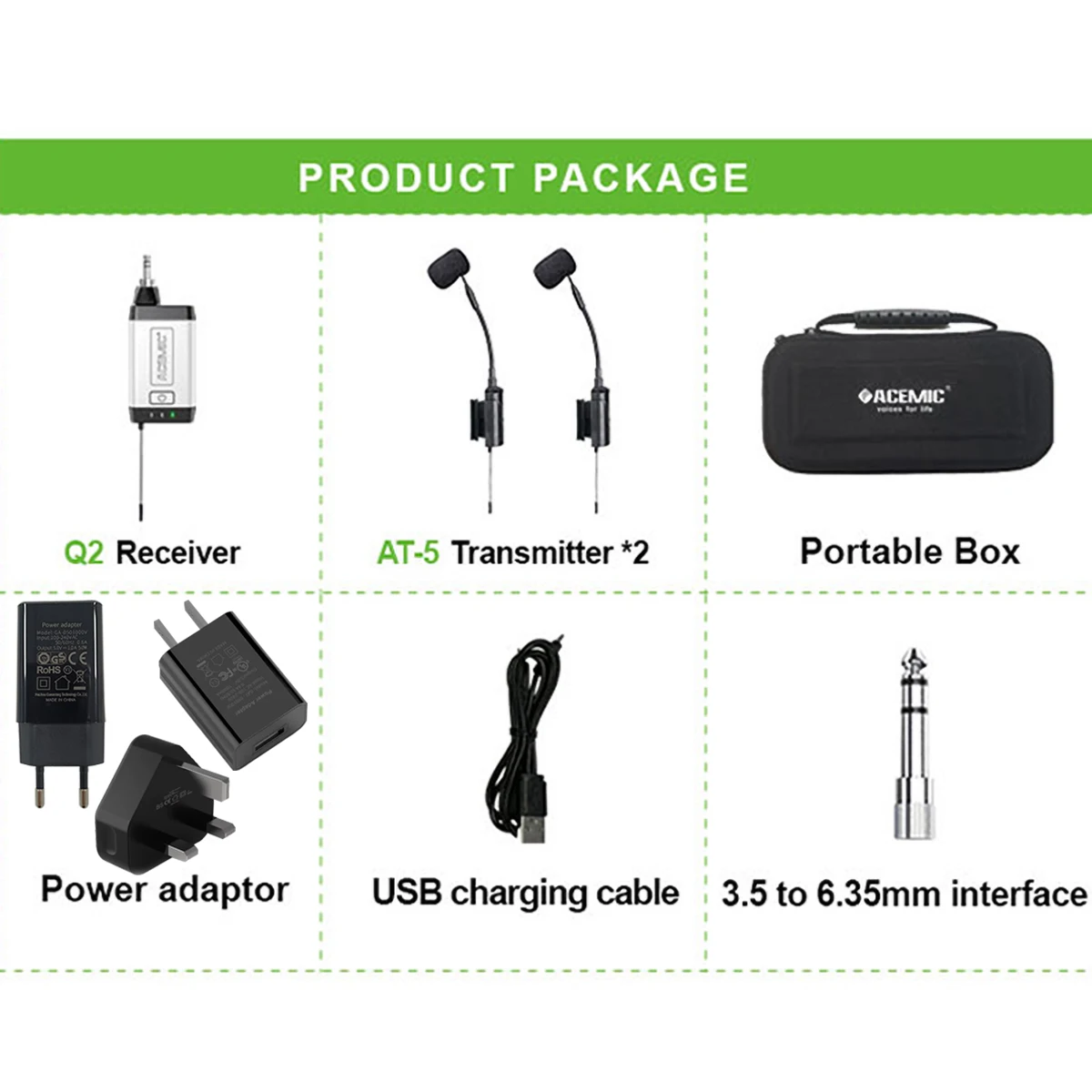 Acemic Q2/AT-5 무선 아코디언 마이크 시스템, 버튼 또는 피아노 아코디언 녹음용 UHF 아코디언 연주자 무대 공연용