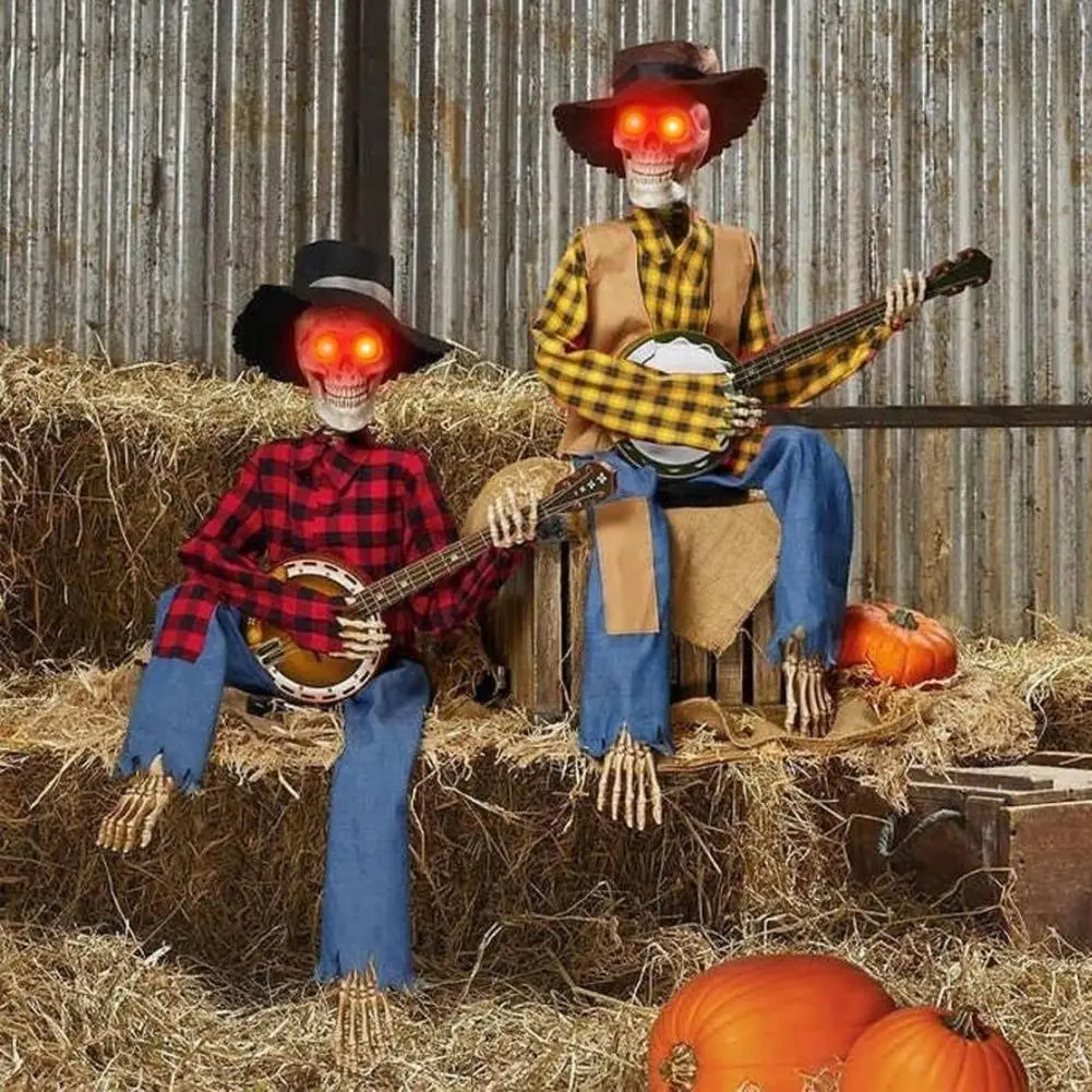 40cm Halloween Animated Banjo Skeletons Fall Country Musician Playing Banjo Figurine For Thanksgiving Autumn Harvest Decor