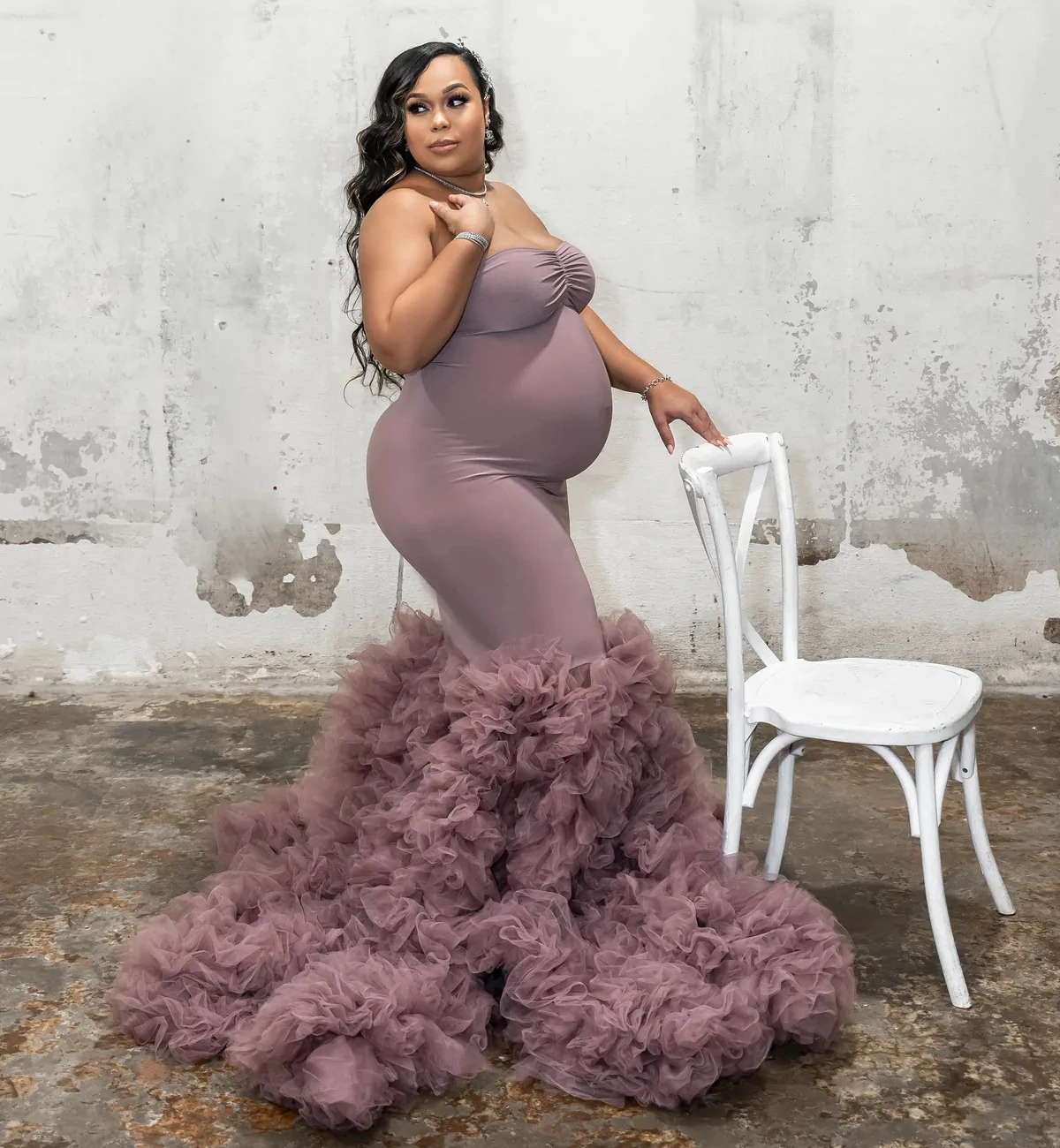 Elegant Purple Mermaid Pregnant Women Photo Shoot Robes Puffy Ruffles Sleeveless Maternity Robes Sexy Spandex Baby Shower Gowns