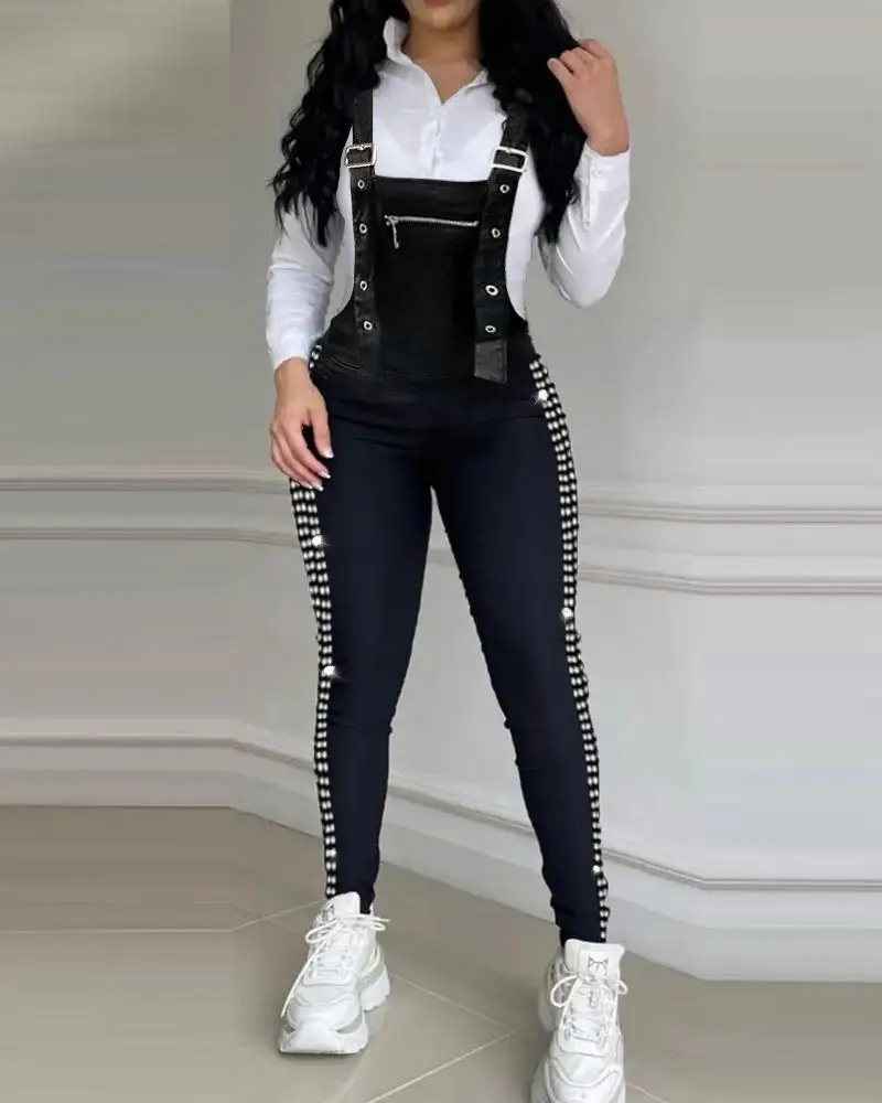 

Elegant Rhinestone Decor Buckled Suspender Jumpsuit Women 2024 Spring Autumn Casual Plain Skiny Overalls Bodycon Jumpsuits Black