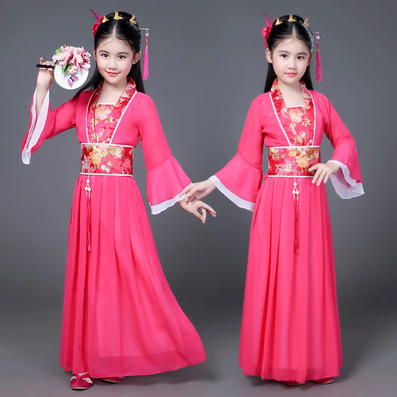 Traditional Dance Fans Chinese Traditional Dress for Kids Hanfu Red Hot Blue White Green Yellow Halloween Girls Costume