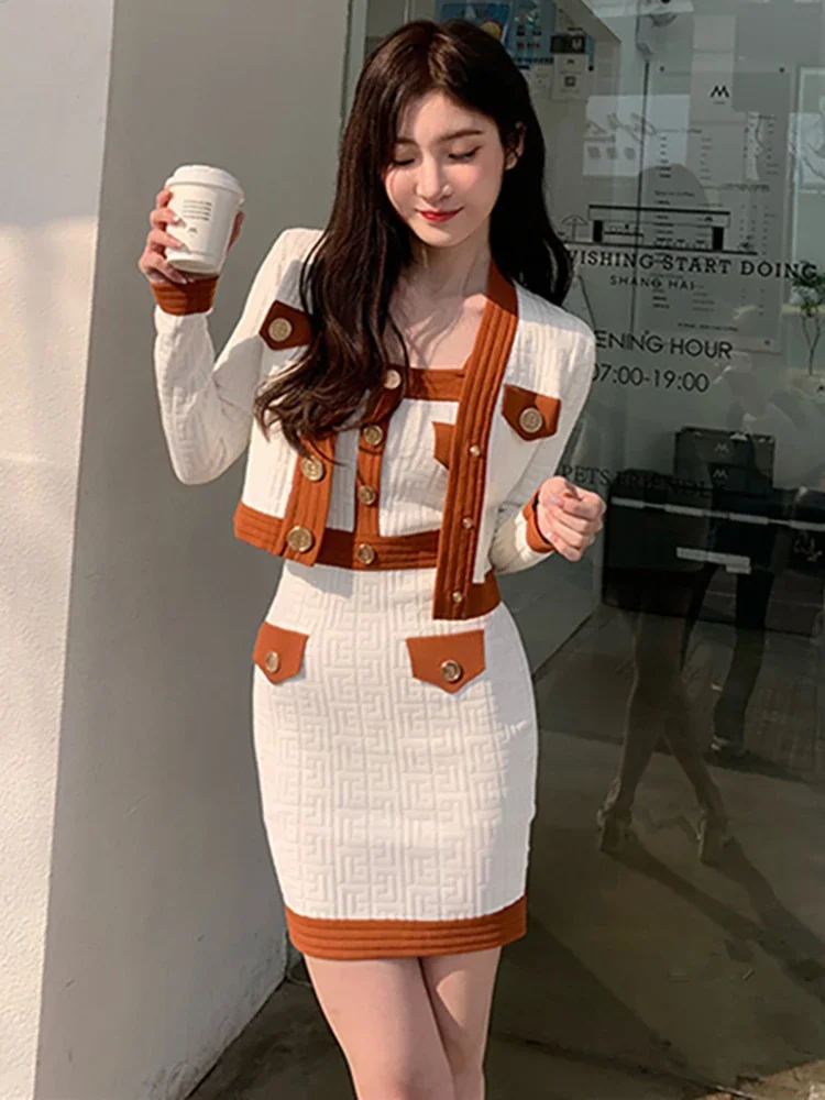 Brand Designer Autumn Clothes for Women 2024 Vintage Elegant Gold Buttons Knitted Cardigan + Mini Skirts Two Piece Sets Female cathiewood newest 2022 runway designer blazer women s classic buttons brown double breasted slim fitting textured blazer jacket