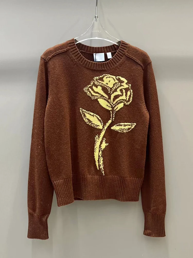 

Vintage rose hook flower blended wool crewneck sweater Women's new fashion all-in-one straight pullover for autumn and winter