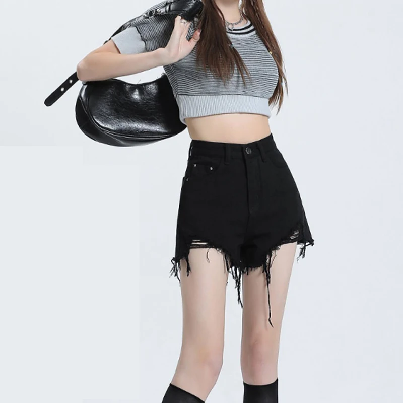 

Простые и состаренные джинсовые шорты, новая модель на весну и лето, тонкая с высокой талией, свободные трапециевидные джинсовые широкие брюки