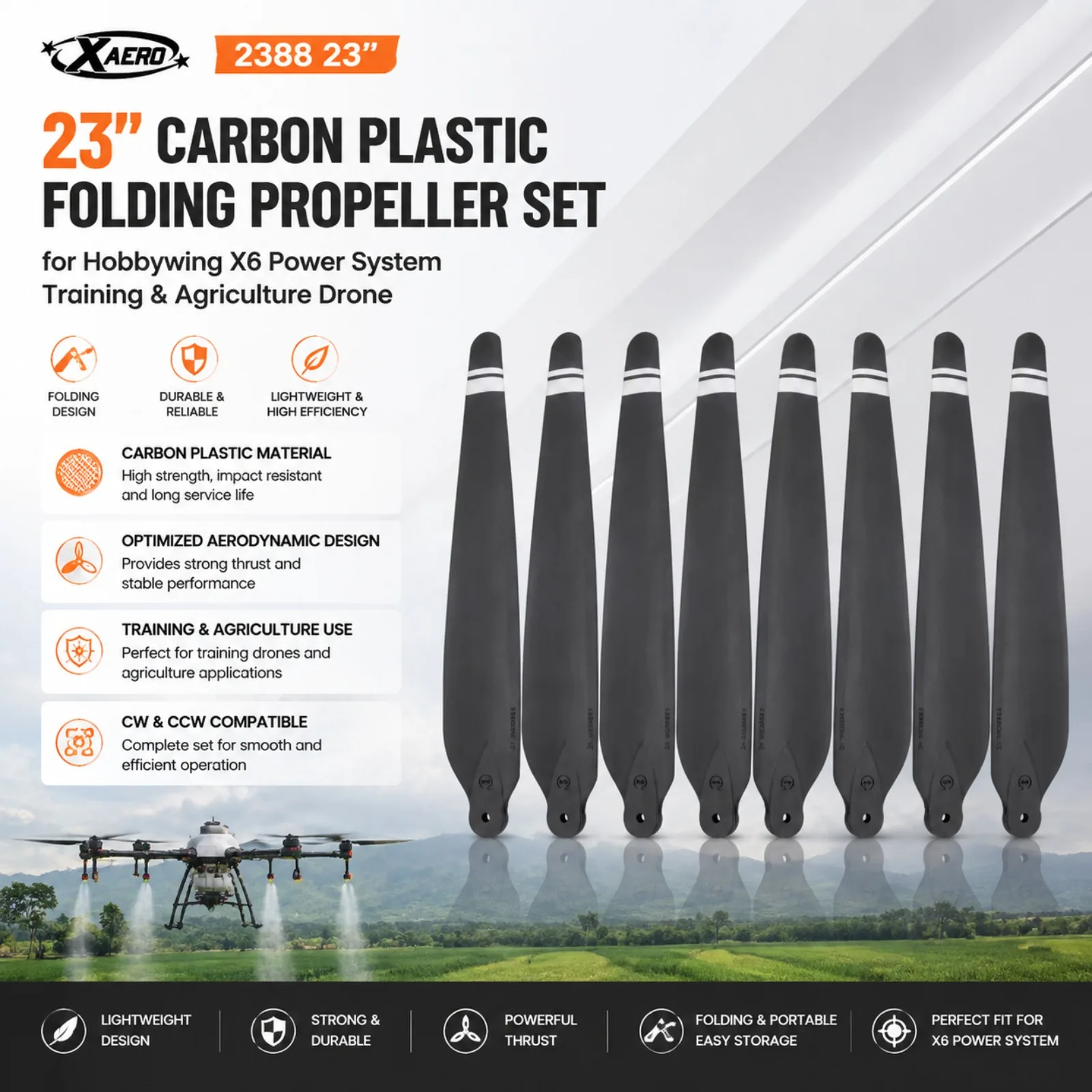 XAERO 2388 23 Zoll Carbon-Kunststoff Faltpropeller CW CCW für Hobbywing X6 Antriebssystem, Trainings- und Landwirtschaftsdrohnenblatt