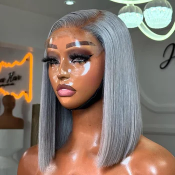 Silver Grey Lace Front Short Bob Wig Grey Colored Straight 13x4 HD Lace Front Wigs Human Hair 10 12 14 16 Inch For Black Women 1