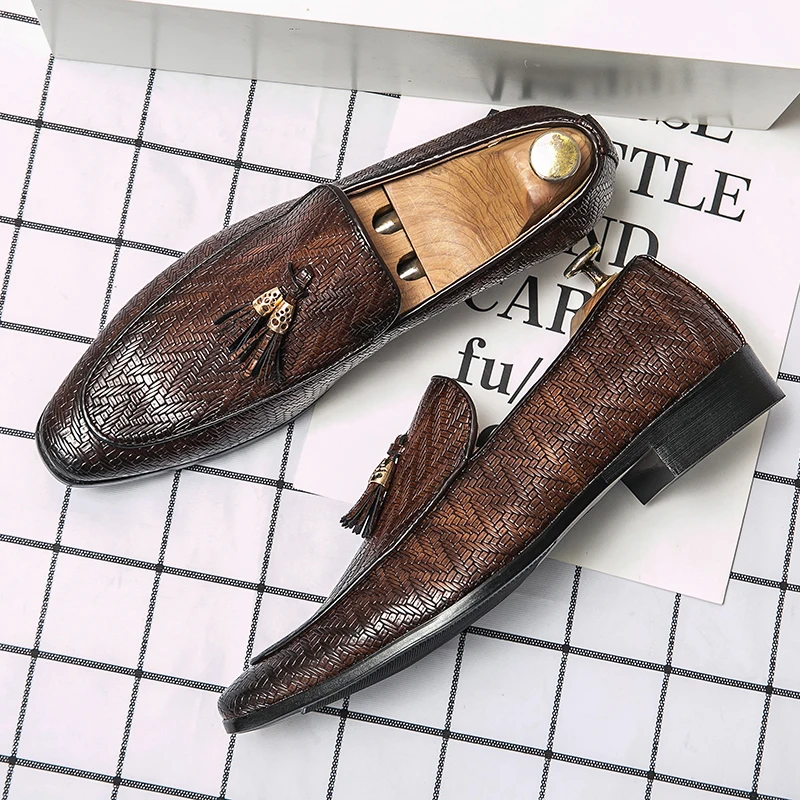 Tassel Plaid Men Loafers Weaving Comfortable Soft Leisure Leather Shoes Size 38-45