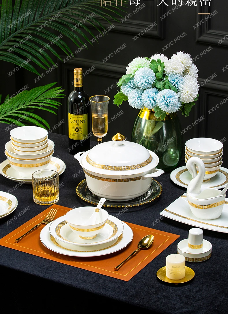 

High-End Bone China European Style Tableware Bowl and Dish Set Household Light Luxury Bowl and Plate Combination Microwaveable