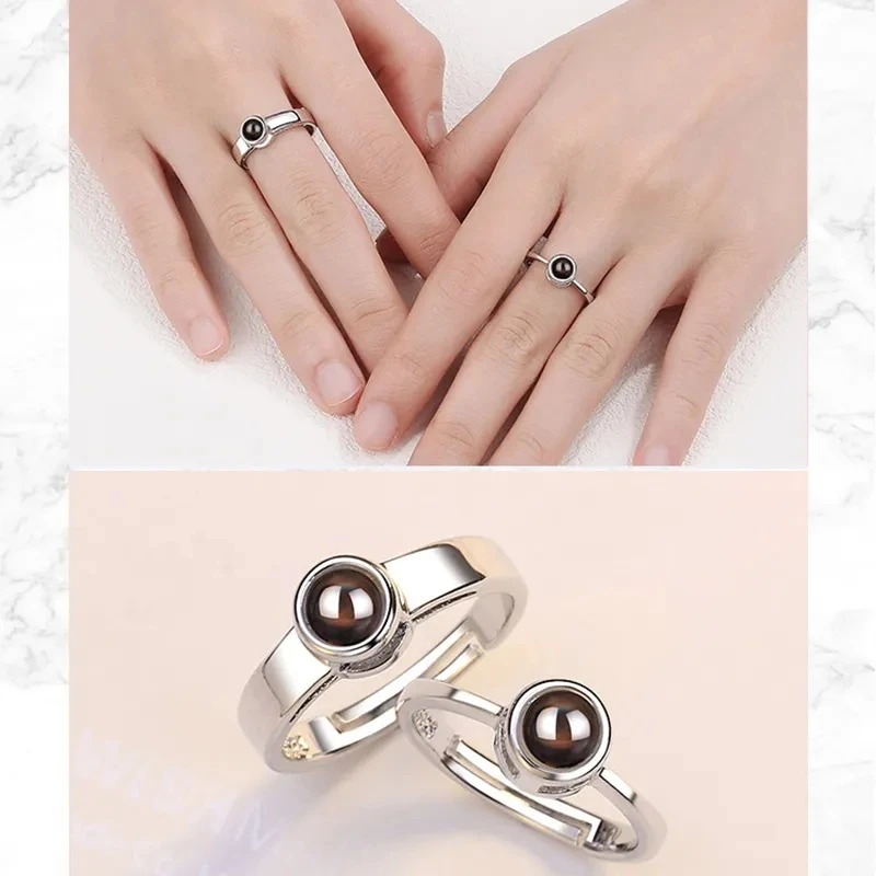 Customized Photo Projection Stainless Steel Rings Adjustable Couple Ring For Anniversary Gift Valentine's Day Gifts 2Pcs/Set