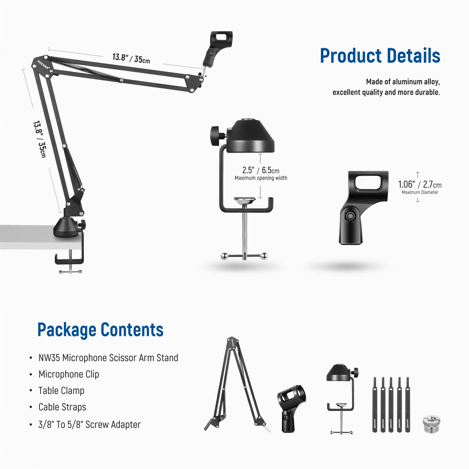 Microphone Arm Stand, Suspension Boom Scissor Mic Arm Stand with 3/8” to 5/8” Sc