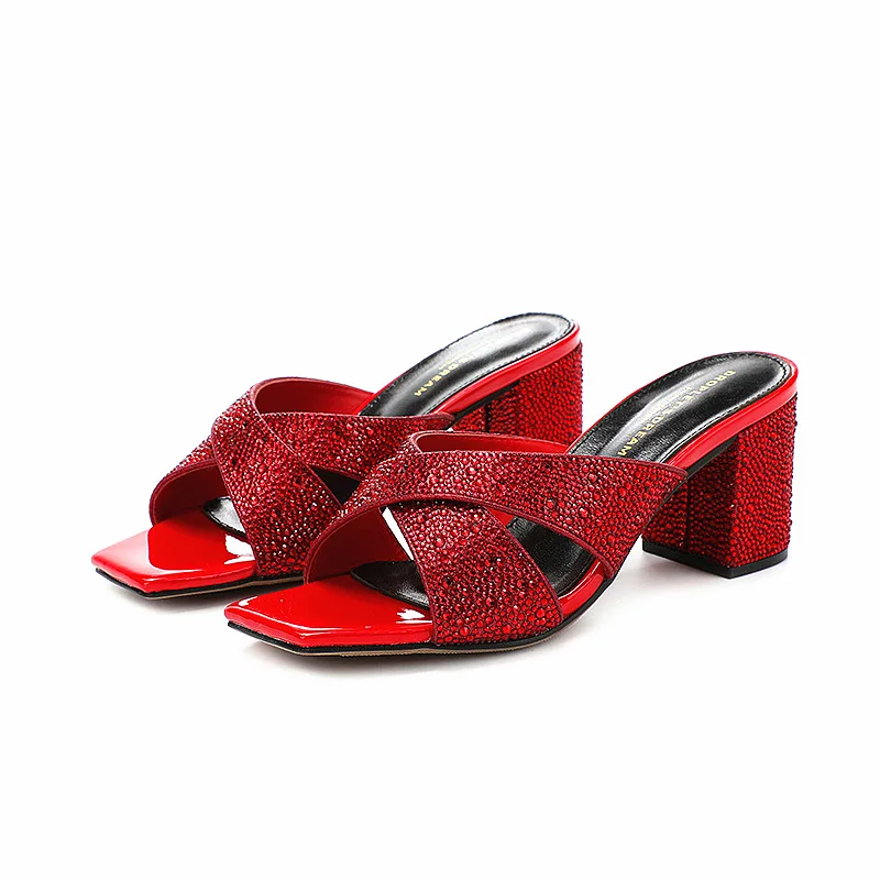 

Women's Crystal Rhinestone Thick Heel Sandals Nigerian Party Dress High Heel Shoes Sandalias De Mujer 2024 New Luxury Sandals
