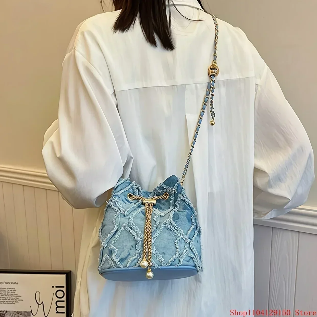 Denim Style Bucket Bag Large Capacity Polyester Lining Drawstring Closure 1pc denim bucket bag