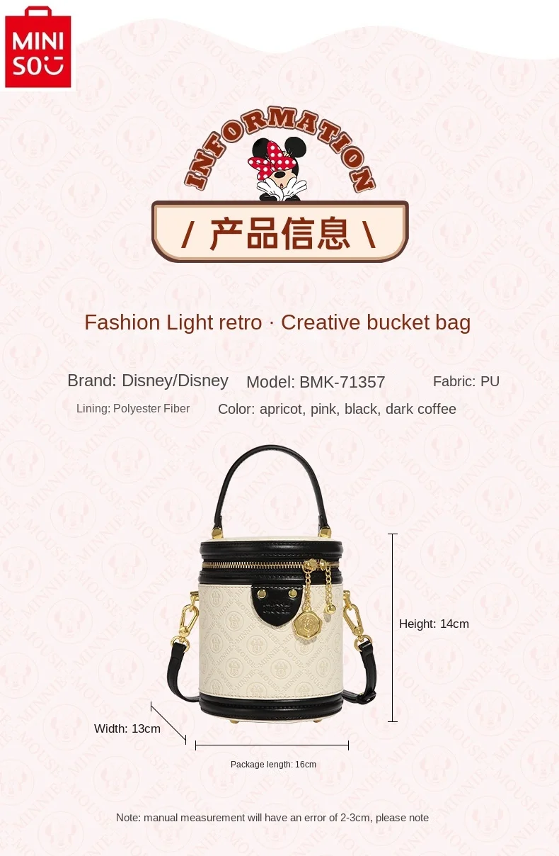 MINISO Disney Retro Fashion Luxury Brand Mickey Bucket Bag Women's Sweet and Versatile Large Capacity Round Bucket Bag