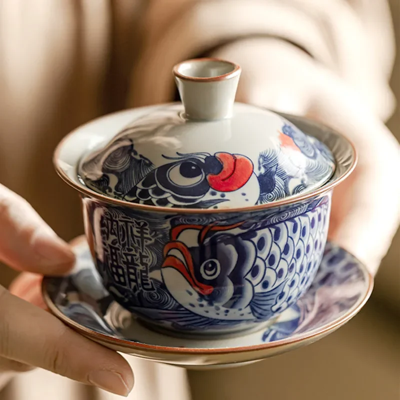 130ml Chinese Blue and White Ceramic Tea Tureen Handmade Fish Gaiwan Beauty Tea Infuser Teacup Household Bowl Teaware