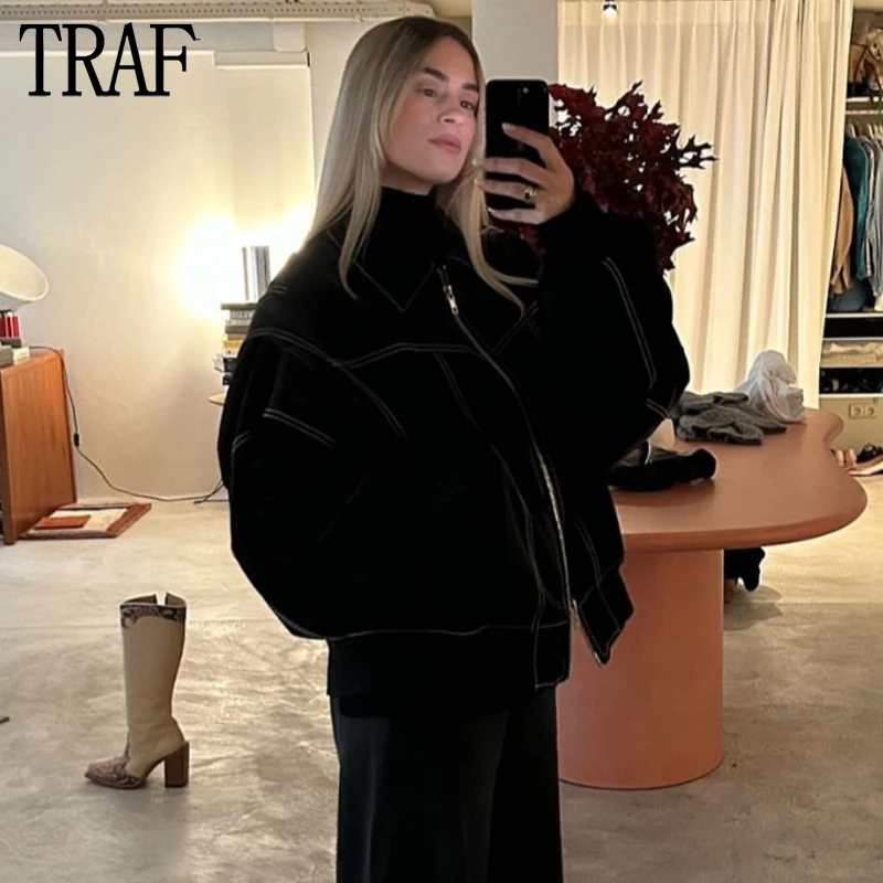 

TRAF 2023 Faux Leather Jacket Coats for Women Zip Oversized Jacket Women Long Sleeve Retro Jacket Woman Streetwear Outerwear