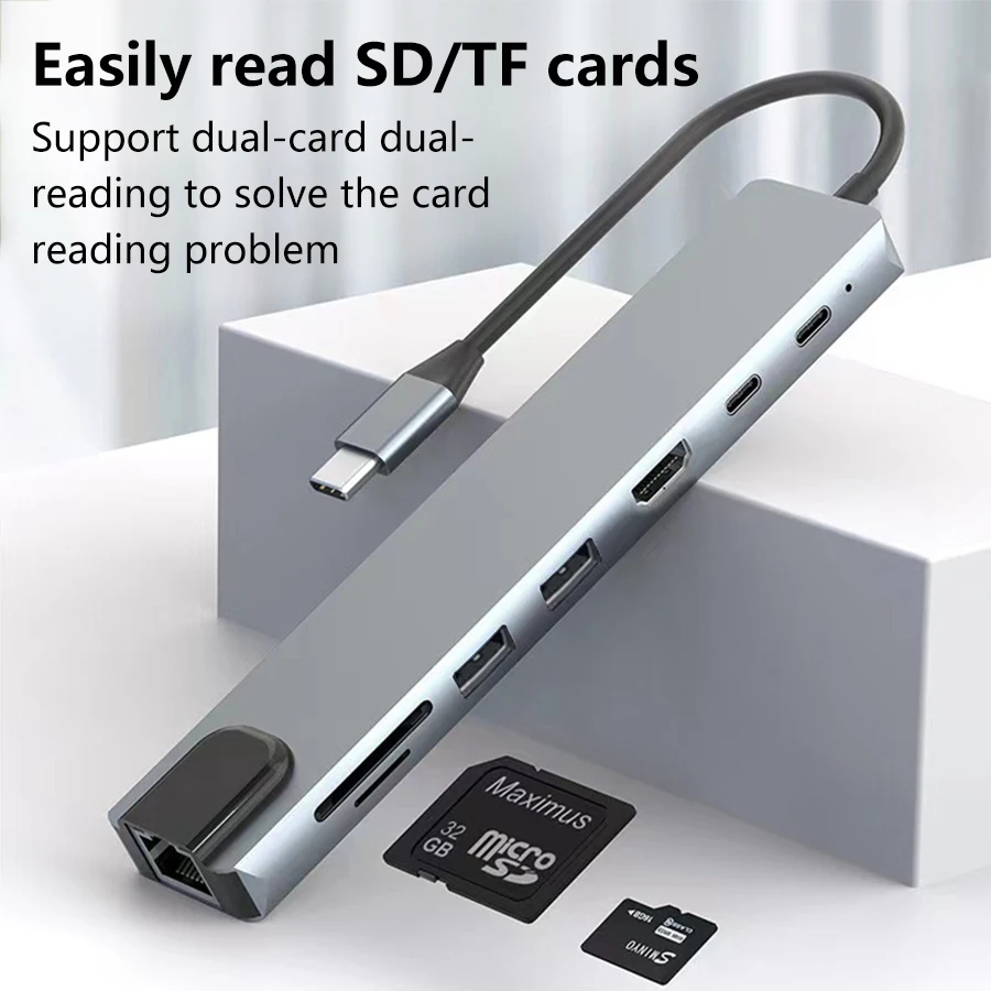 USB C HUB 8 in 1 Type C Adapter with 4K HDMI 87W PD USB Docking Station RJ45 for Phone MacBook Pro Air Laptop Pad Card Reader