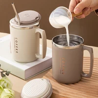 WORTHBUY Double-layer Coffee Cup With Spoon&Straw Milk Coffee Mug Portable Insulated Anti Scalding 304 Stainless Steel Water Cup 1