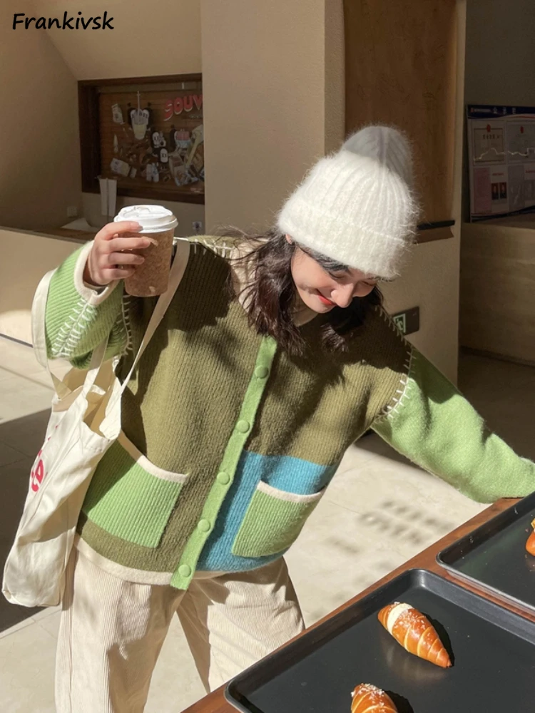

Женский вязаный кардиган в стиле пэчворк, контрастные модные Универсальные однобортные Лоскутные кардиганы в стиле Харадзюку, осень