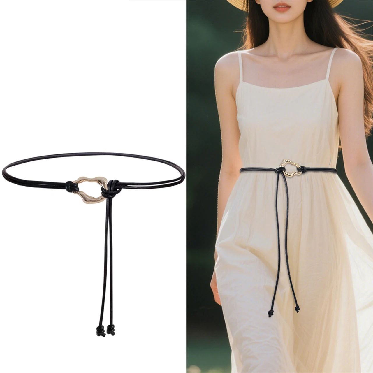 Elegant Women's Leather Rope Knotted Belt with Metal Buckle - Stylish Skinny Waistband Accessory