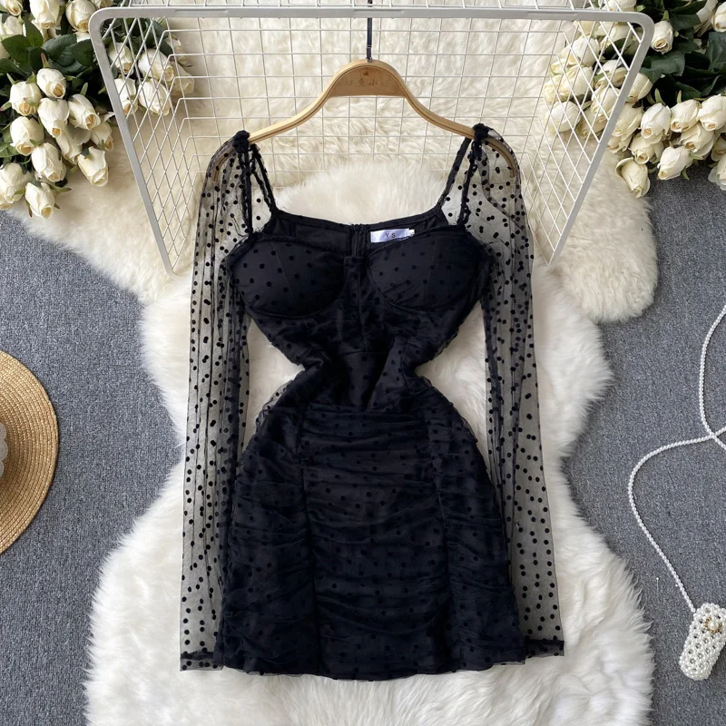 

Sexy Women Dresses New Korean Style Polka Dots Long Sleeve Mini Dress 2022 Fashion Slim Mesh Party Vestidos