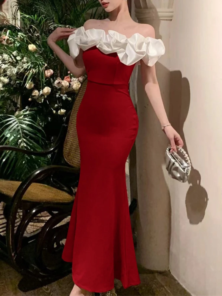 Sexy Bodycon Off Shoulder Party Dress Women New Slim Waist Patchwork Elegant Lady Fashion Prom Robe Long Vestidos Mujers
