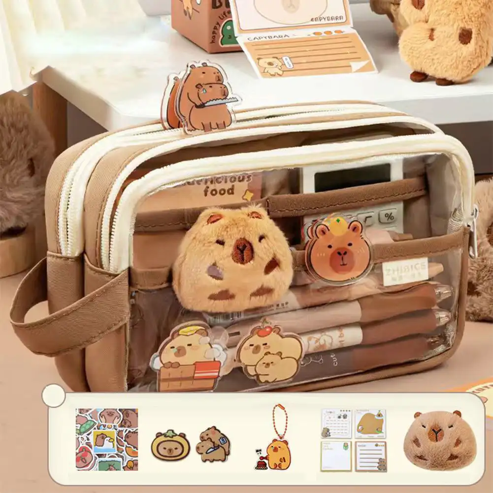 Pencil cases cute capybara pencil case pins and plush stickers and memo pad clear aesthetic pencil bags school supplies