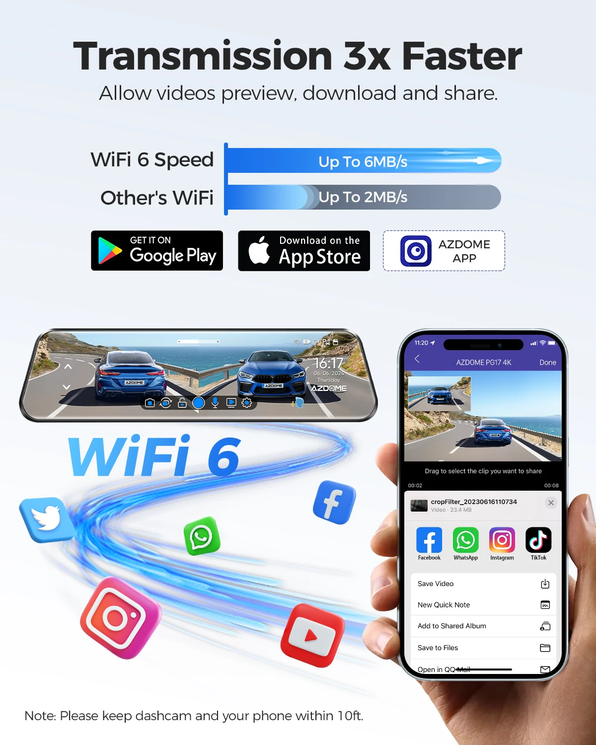 AZDOME 4K spiegel-dashcam, voor aan de auto, voor en achter met 2,5K achtercamera, 5G wifi-autocamera, 64 GB kaart inbegrepen, super nachtzicht, dashcam, GPS, spraakbediening, 12 inch IPS-touchscreen