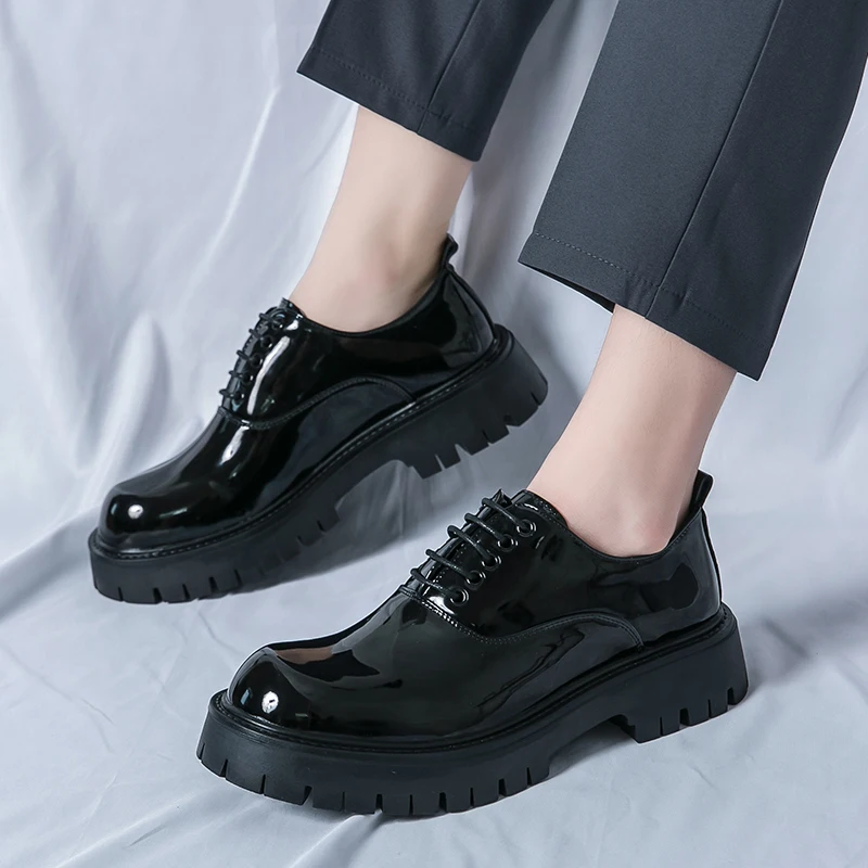 

Glossy Patent Leather Retro Round-toe Dress Shoes Korea Style Thick Bottom Shoes Classic Formal Black Dress Oxford Office Manage