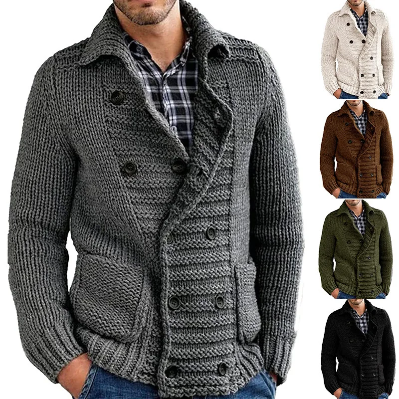 

2023 Spring Men's Fashion Cardigan Solid Color Lapel Long Sleeve Knitted Jacket Double Breasted Pocket Sweater Clothing For Man