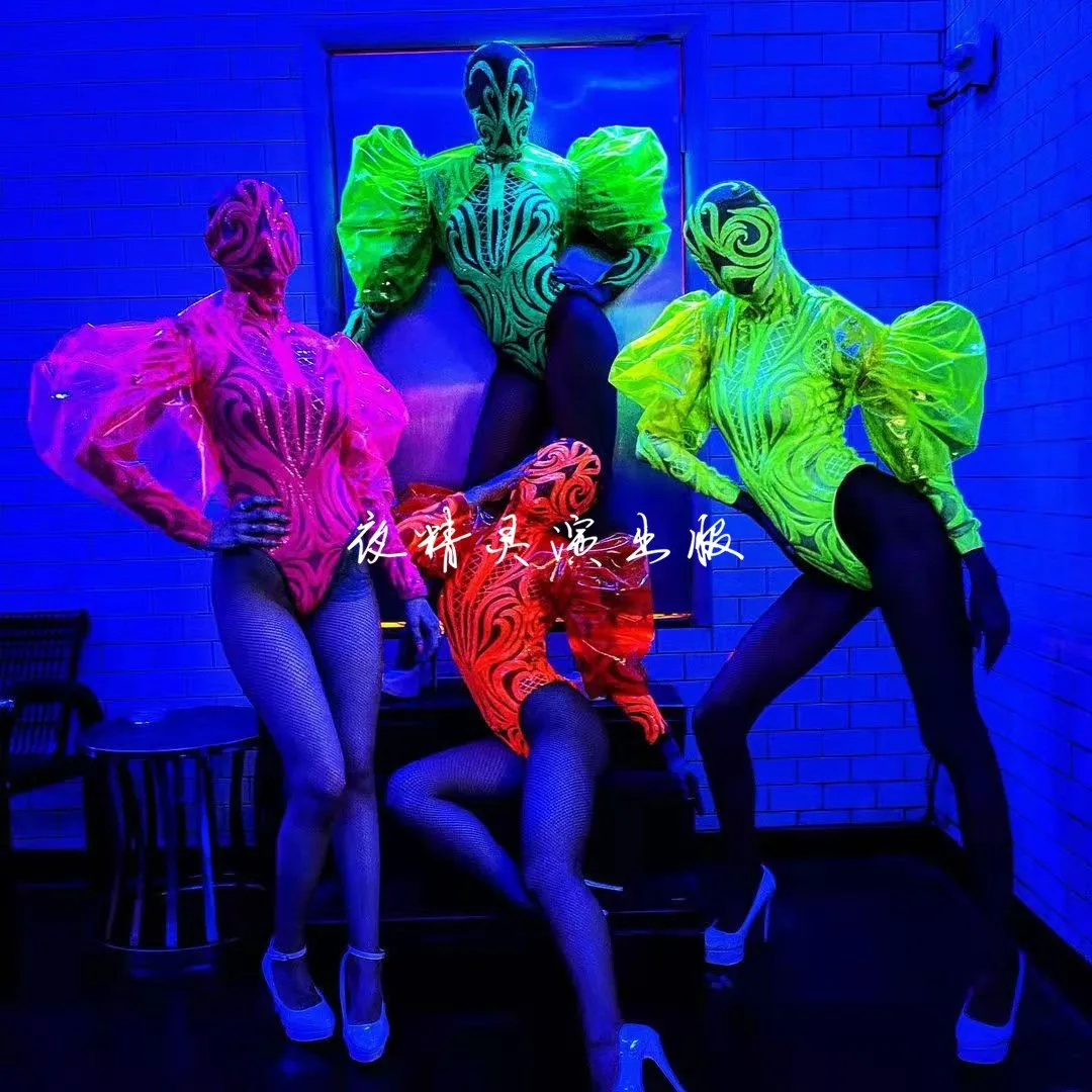 

Nightclub Party gogo Dance ds Bar Candy Fluorescent Exaggerated Bubble Sleeve One Piece Costume