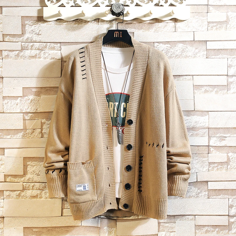 

Sweater Men 2023 Winter Solid Harajuku Korean Style V-Neck Oversized Cardigan Knitted Sweater Streetwear Loose Male Top Coat