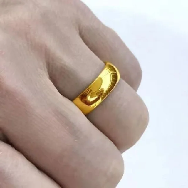 UMQ 24K Pure Plated Real 18k Yellow Gold 999 24k Plain Smooth Face Personality Money Seeking Couple Ring for Men and Women Couple
