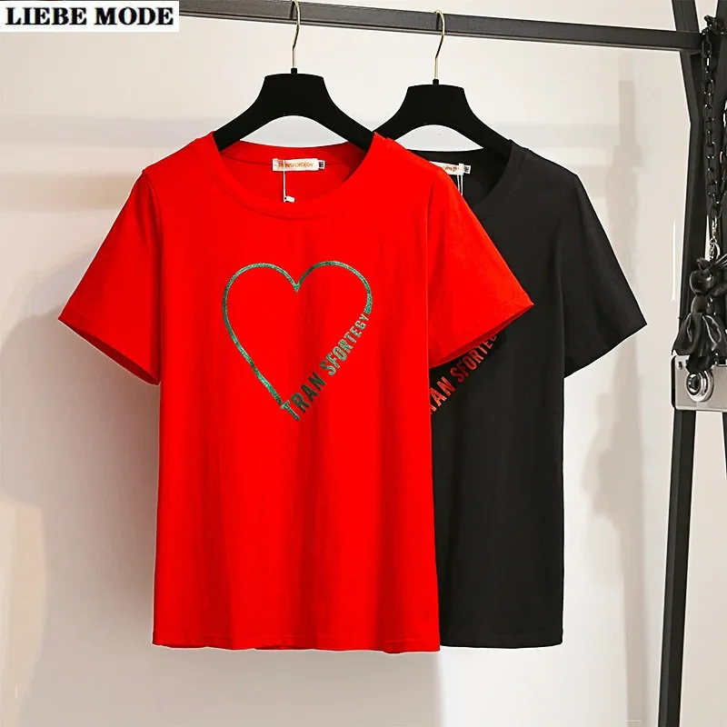 

Summer Large Size T-Shirt for Women Heart Letter Print Short Sleeve Harajuku Tshirt Female Red Top Cotton Tee Shirt 4XL 5XL 6XL
