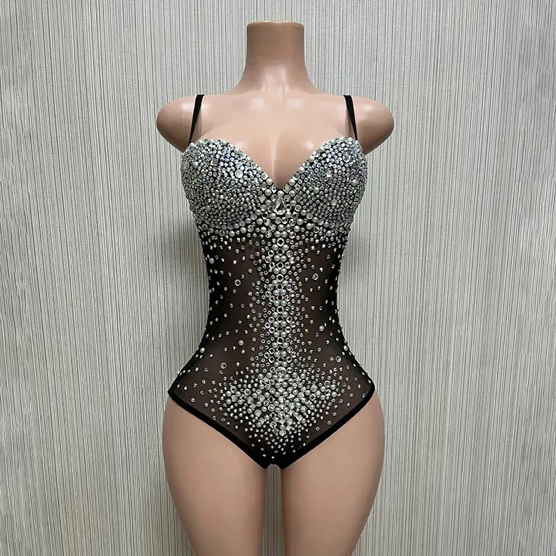 Fashion New Sexy Black Mesh Shiny Crystals Maternity Wear Short Elegant Jumpsuit For Women Commemorative Art Photo