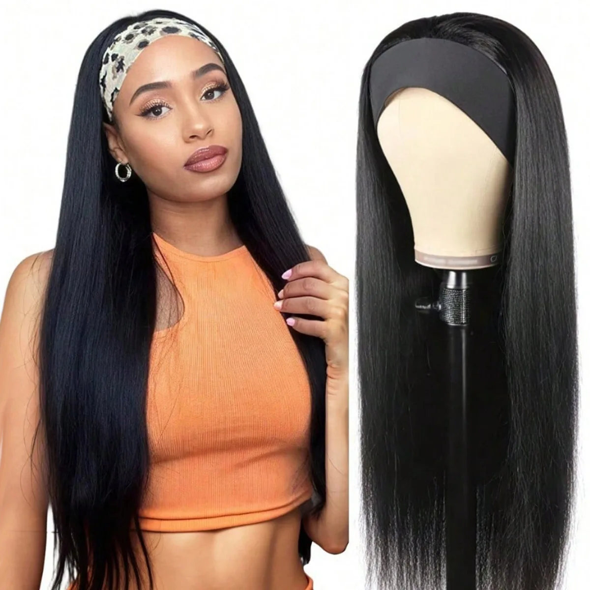 Headband Wig Human Hair Straight 20 Inch Headband Wigs for Women Glueless None Lace Front Human Hair Headband Wig 200% Density