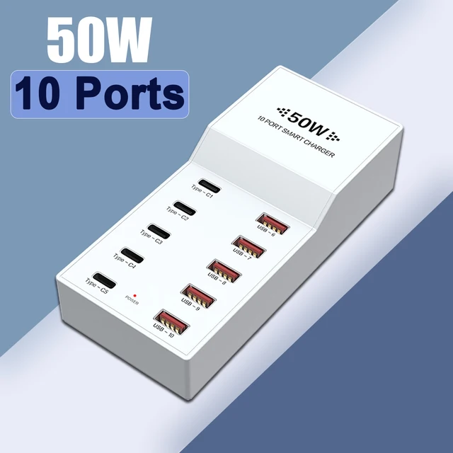 White 50W 5-Ports USB-A+PD QC 3.0 5-Prots Fast Charger Station For Android Apple mobile phone and Other USB Devices 1