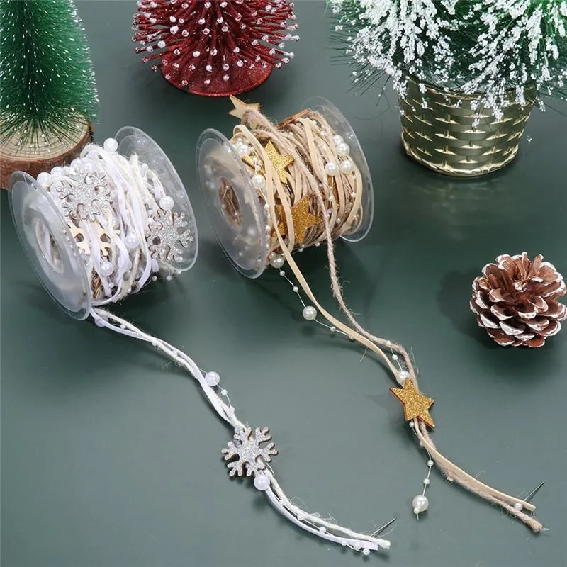 Christmas Decorative Ribbon Set Star Pearl Garland Twine Holiday Tree Gift Wrapping DIY Crafts Supplies for Party Holiday Decor