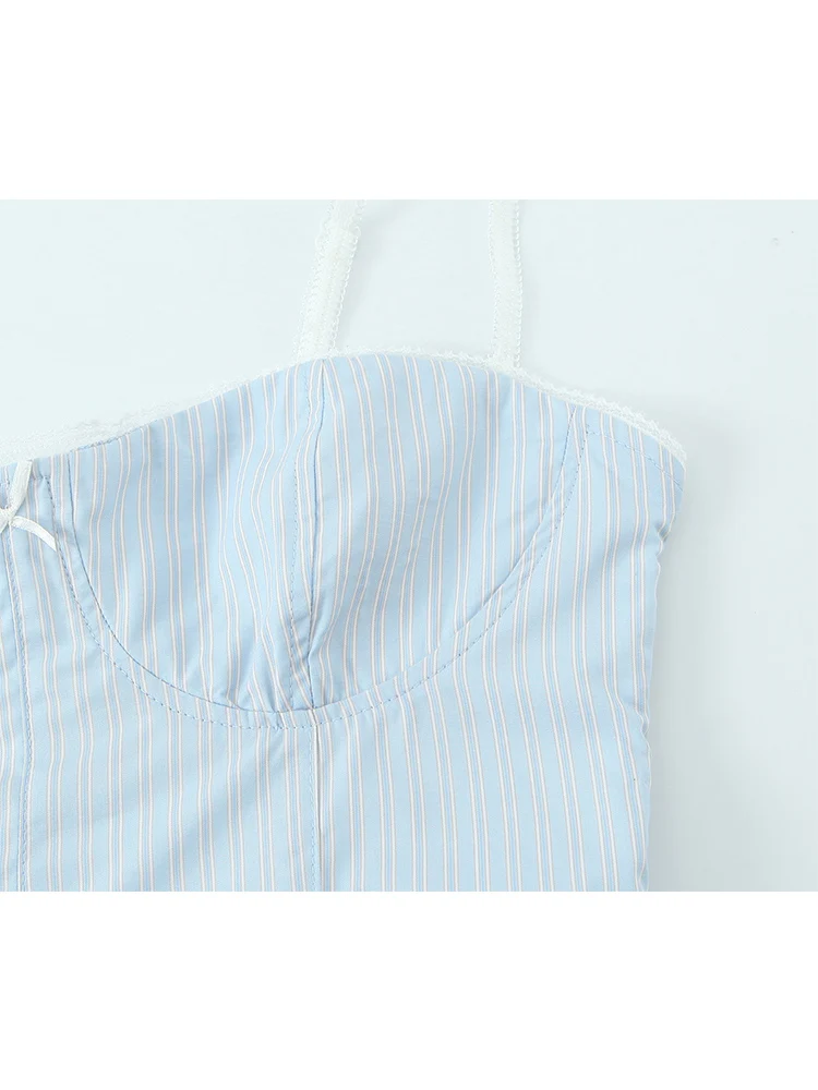 TFMLN Summer New Women Striped Spaghetti Strap Tops Leisure Sleeveless Slim Camis Tops Ruffle Hem A-line Ladies Chic Camisole