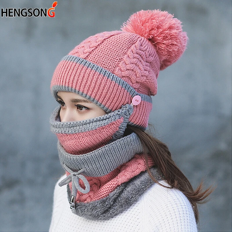 

Autumn Winter Caps Women's Knit Hat Warm Scarf Windproof Multi Functional Thermal Hat Scarf Set For Women Hikking Caps