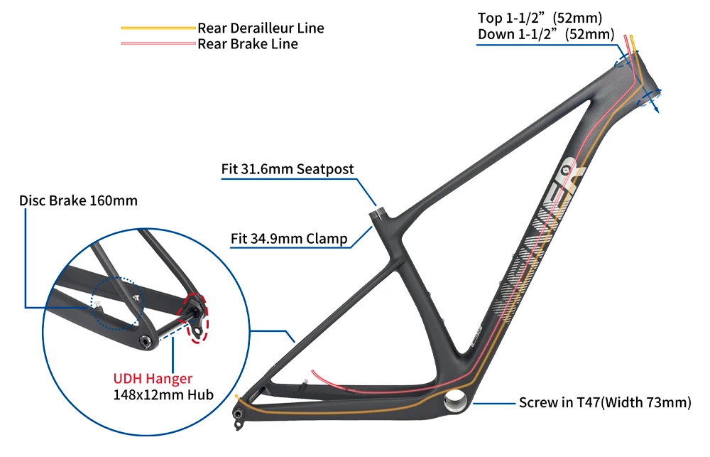 Description Picture 4 of itemCarbon MTB Frame  29er Frameset UDH Hange 148x12 Boost Full Internal Carbon Mountain Bicycle Hardtail Frames S/M/L/XL