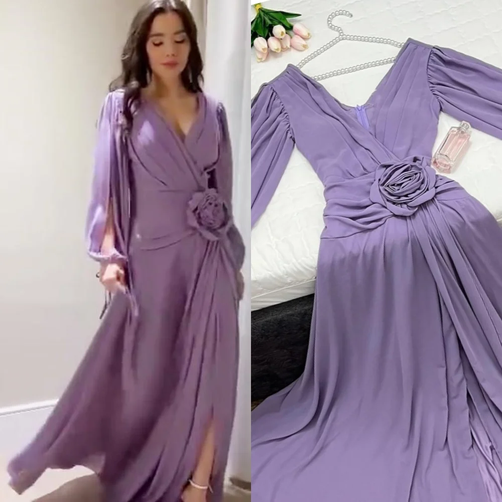 Jiayigong Evening Jersey Tassel Flower Ruched Party A-line V-neck Bespoke Occasion Gown Long Dresses