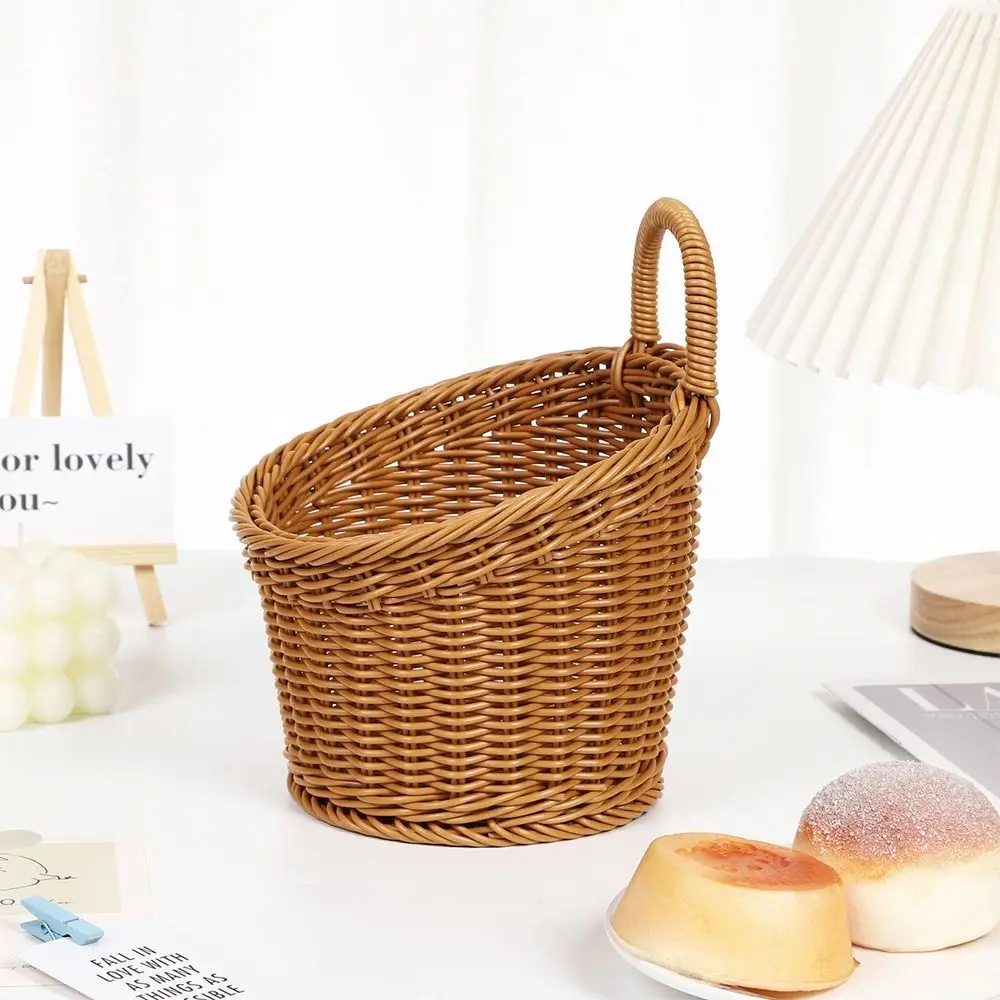 Imitation Rattan Kitchen Storage Basket Home Decoration with Handle Hand-woven Hanging Baskets Vegetable Fruit Flower Brown 4
