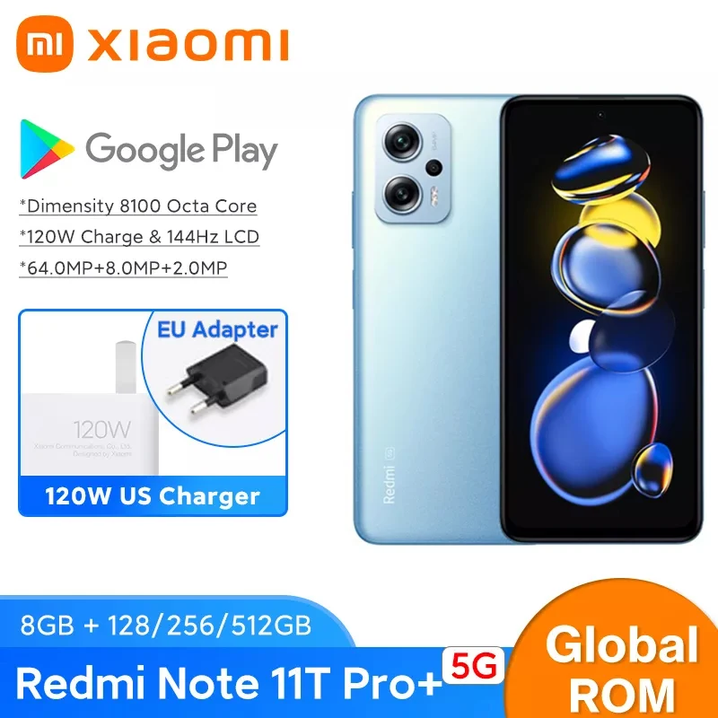 Xiaomi Redmi Note 11T Pro Plus 5G 22041216UC Silver 128GB 8GB RAM Gsm  Unlocked Phone MediaTek Dimensity 8100 64MP Display 6.6-inch Chipset  Mediatek Dimensity 8100 Front Camera 16MP Rear Camera 64MP +8MP+2MP