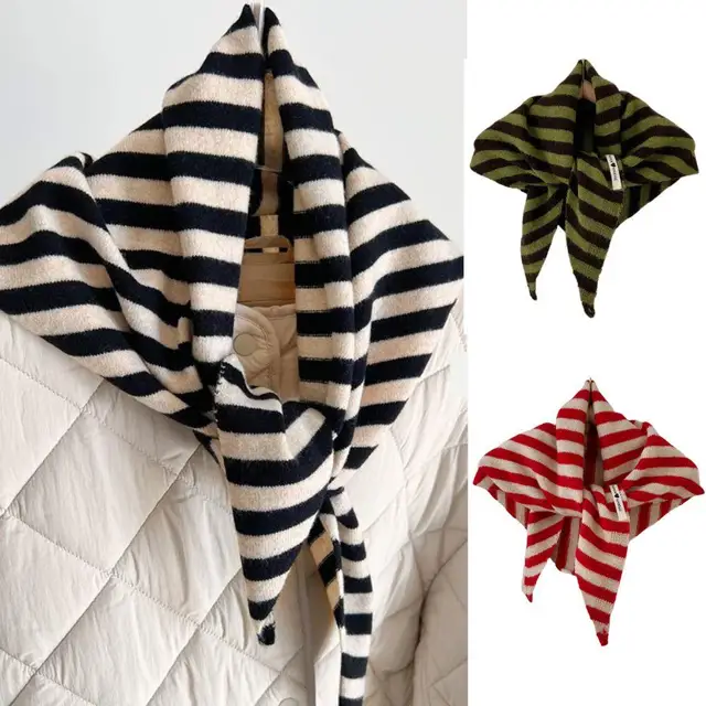 Versatile Striped Wool Knitted Triangle Scarf Women Fashion Wool Scarf Shawl Winter Warm Soft Knitted Hood Scarf Shawl Neck Wrap