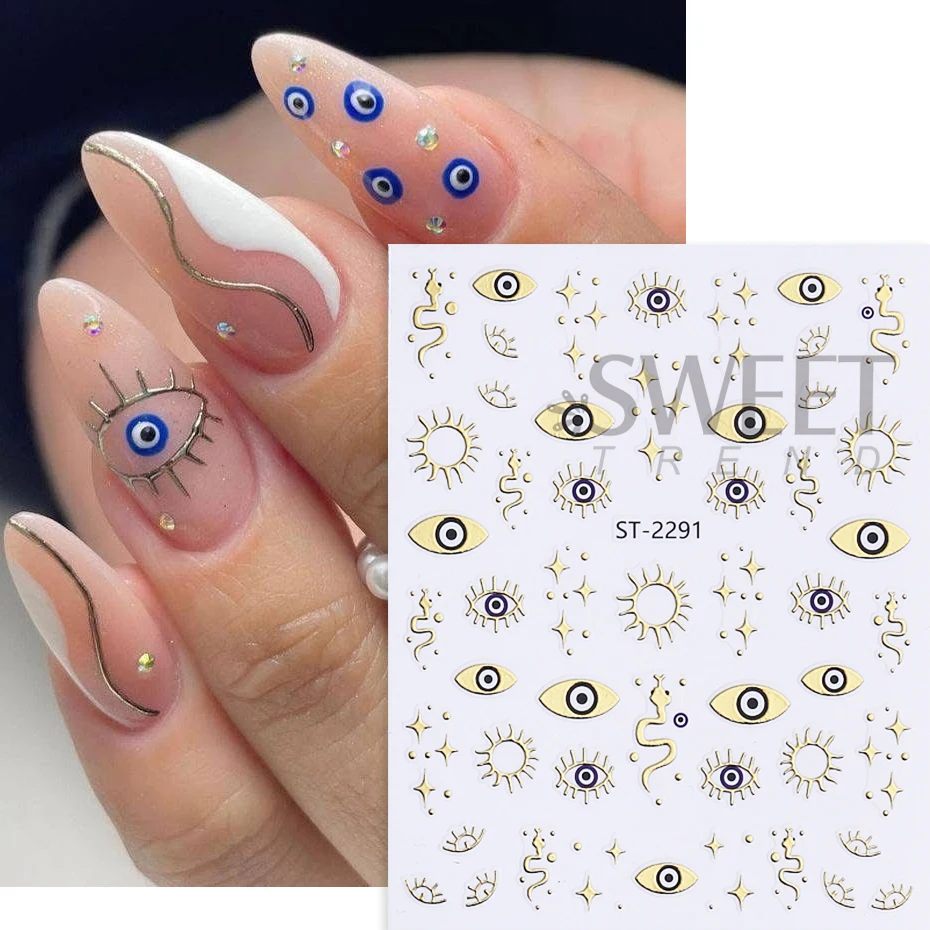 2pcs Blue Gold Evil Eyes Nail Art Stickers 3D Metal Snake Sun Star Line Sliders Design Halloween Nail Decals Manicure Decoration