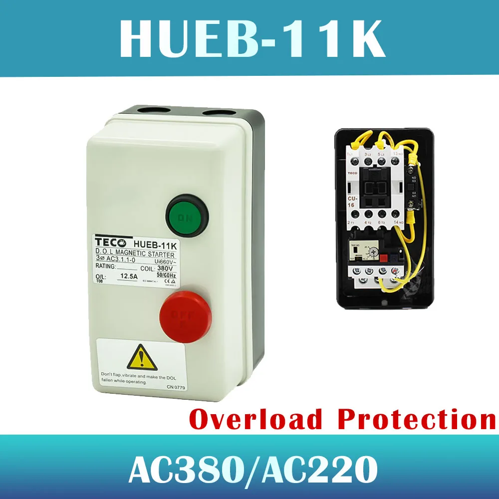 

HUEB-11K AC Electromagnetic Switch Magnetic Starter on Off Switch Enclosed 3 Pole 220V Coil 0.67A-12.5A