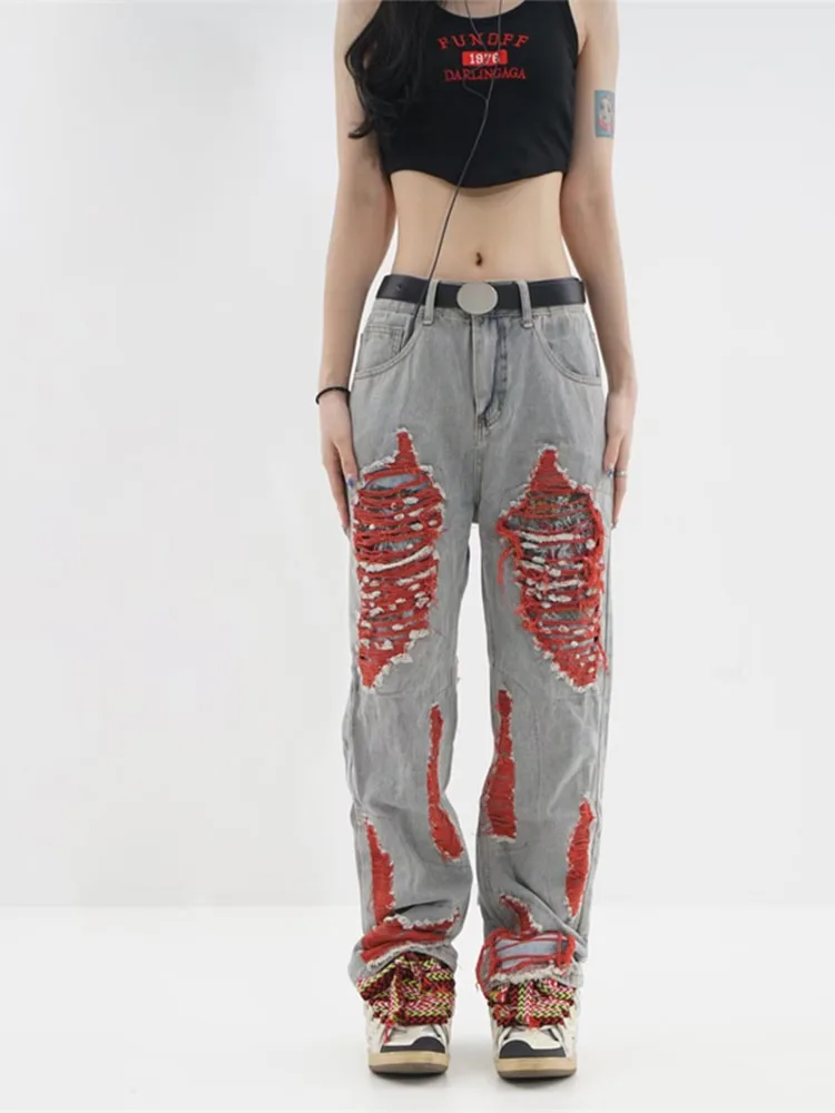 

American Style Baggy Jeans Women High Waist Vintage Wide Leg Trousers Embroidery Ripped Straight Pants BF Style Autumn Winter