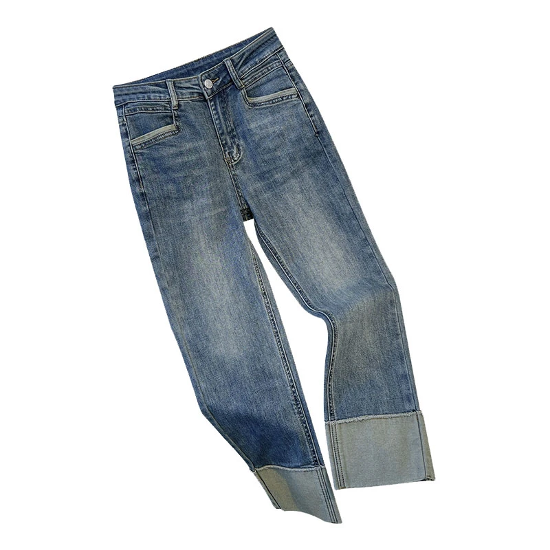 Jeans female net red high-waisted Slim flap splicing high-waisted elastic nine-minute cigarette pants niche straight pants