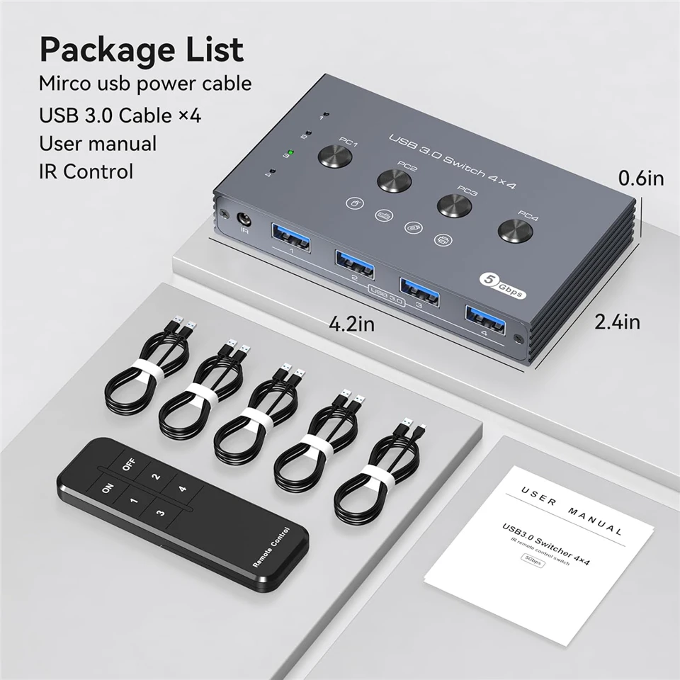 Navceker 4 In 4 Out KVM USB 3.0 Switch Shared Controller Hub Adapter USB 2.0 Pri